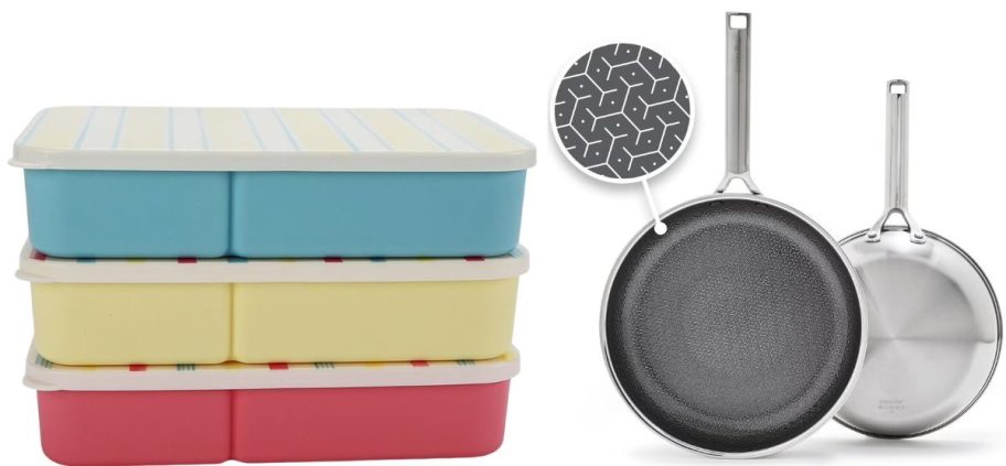 three different bentgo containers and two greenpans