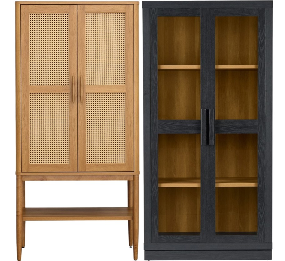 a honey colored canin cabinet and a darkwood cabinet with glass doors