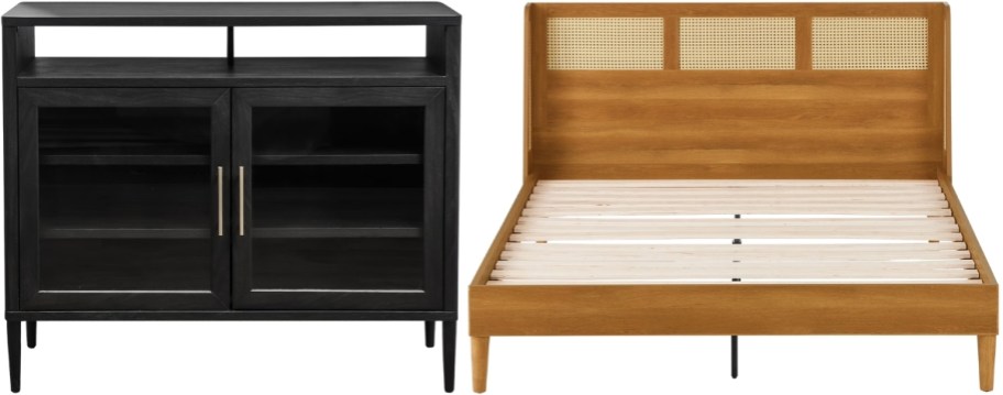 a sideboard in dark wood with a honey colored wood and caning platform bed