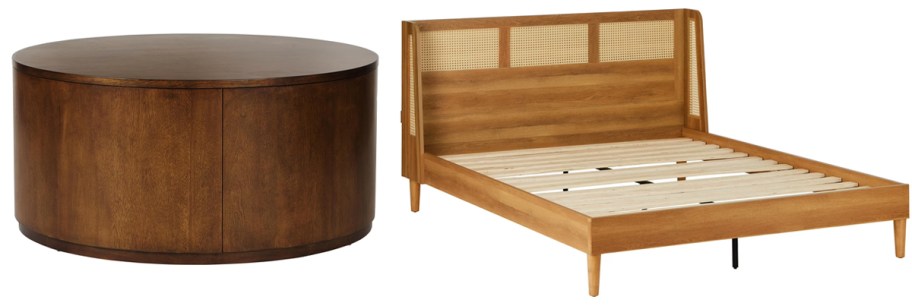 brown coffee table and queen bed 