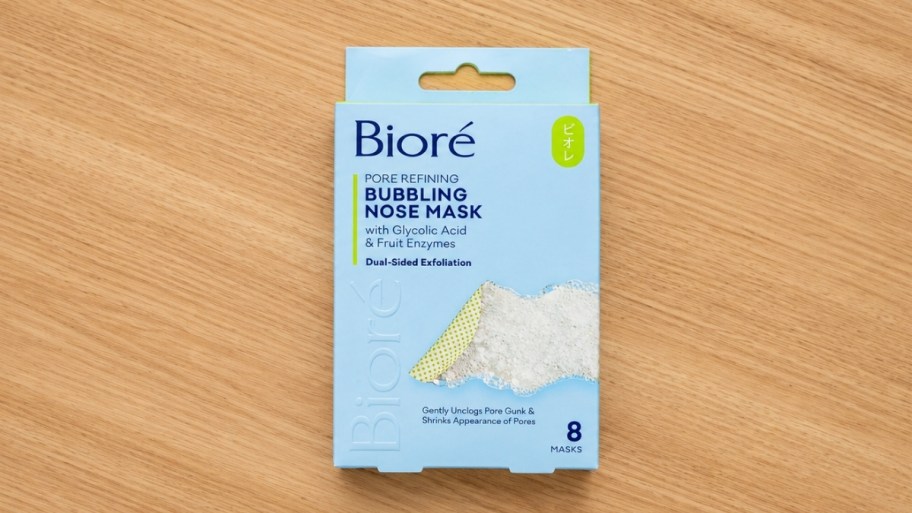 an 8 count box of biore bubbling nose masks on a counter top