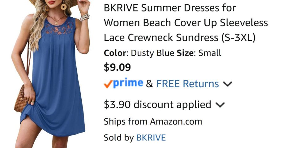 woman wearing blue dress next to Amazon pricing information