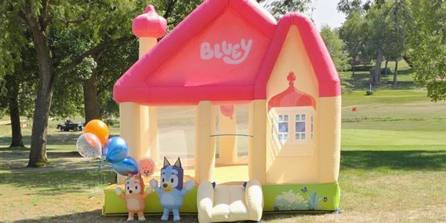 bluey inflatable bounce house in grass 