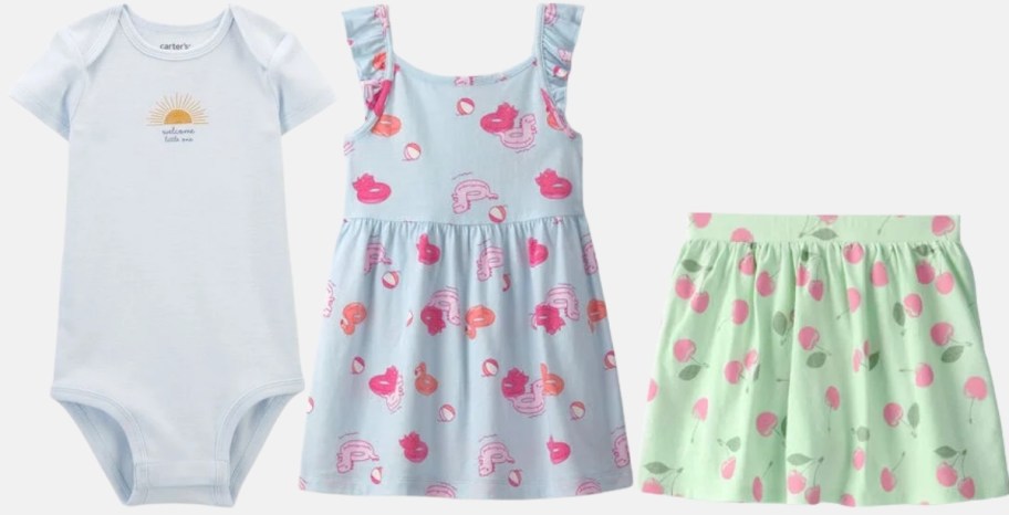 baby bodysuit, toddler dress and girls skirt