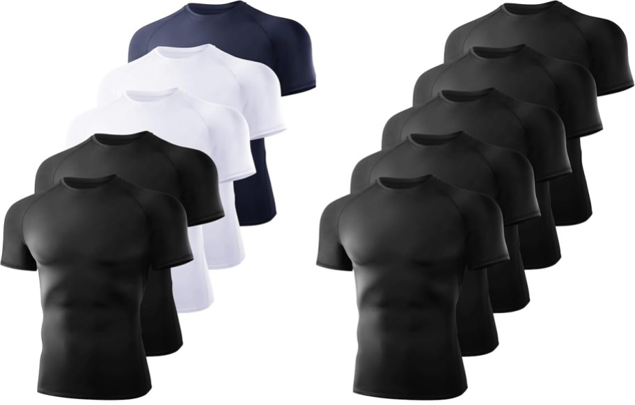 black, white, and blue mens compression tees