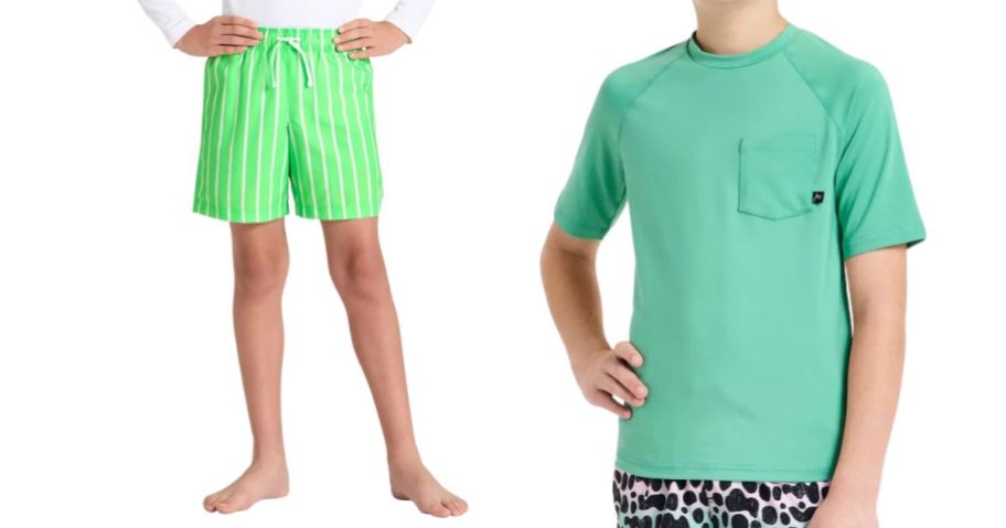 boys swim trunks and rash guard