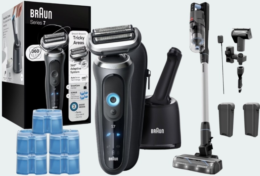 a mens electric shaver and a stick vacuum