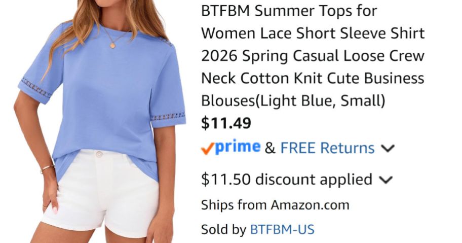 woman wearing blue shirt next to Amazon pricing information