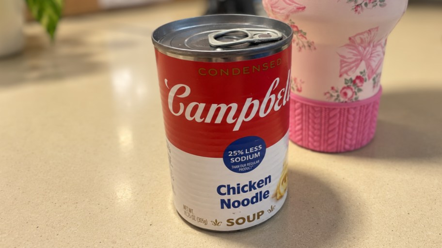 a can of campbells soup on a kitchne counter