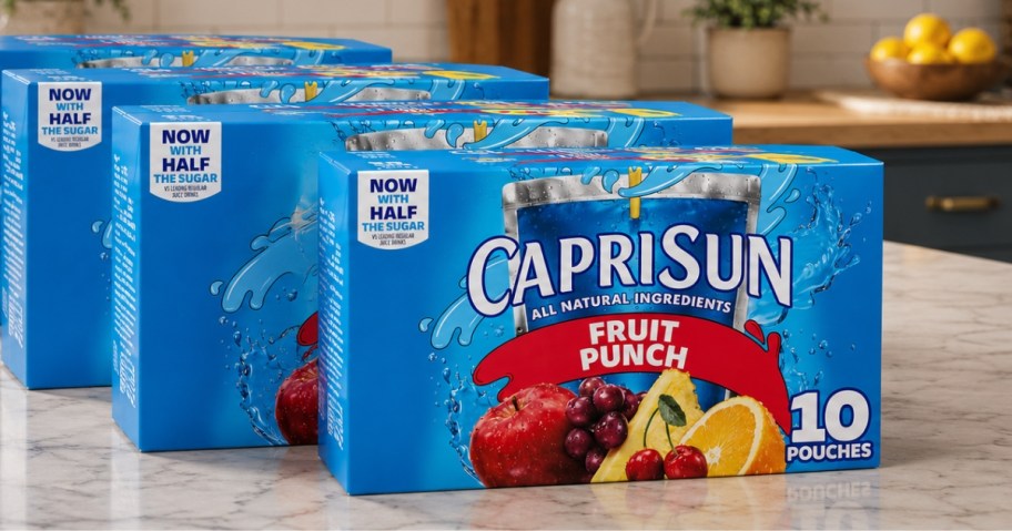 boxes of Capri Sun Fruit Juice Pouches on a counter