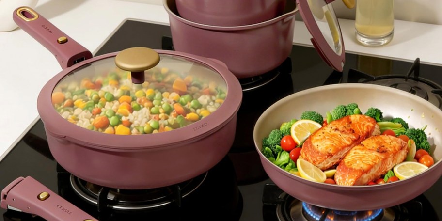purple cookware on oventop 