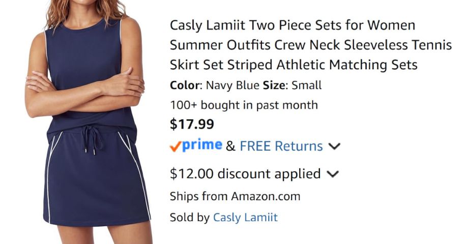 woman wearing navy blue skirt set next to Amazon pricing information