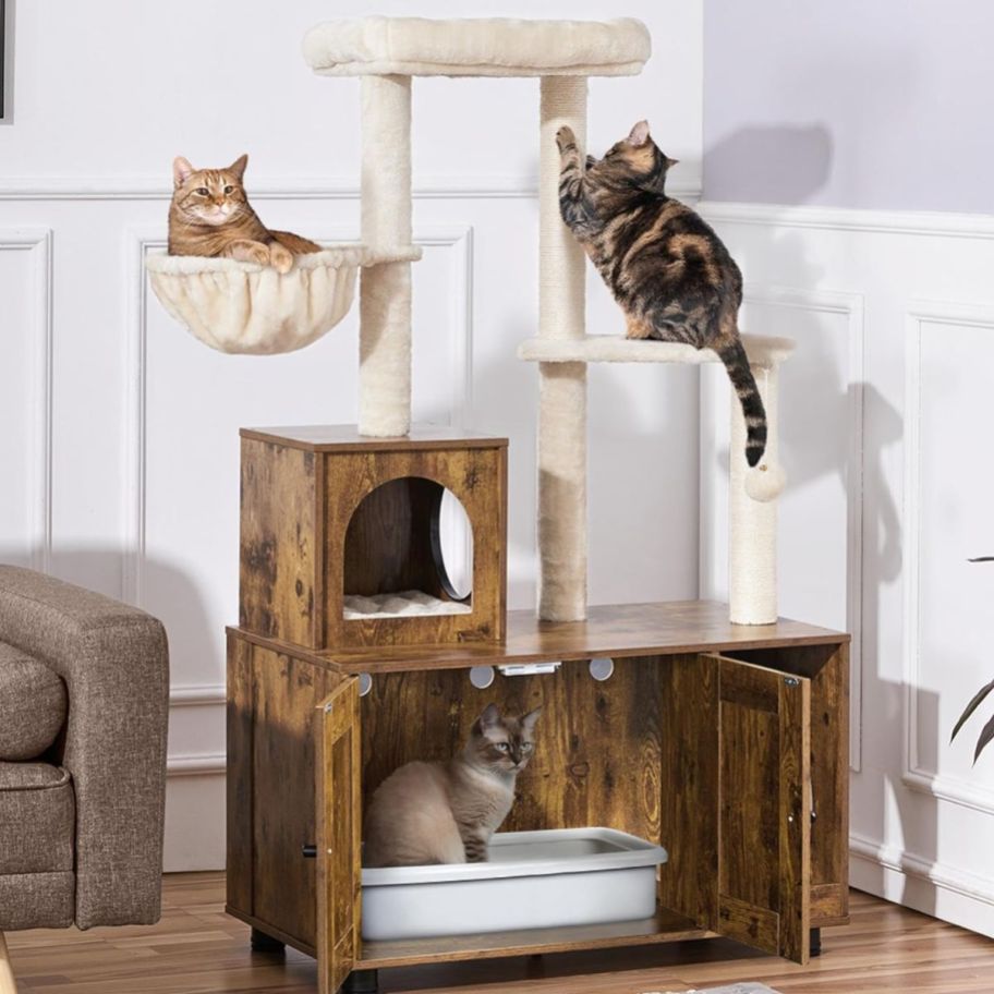 cat litter box with cat tree