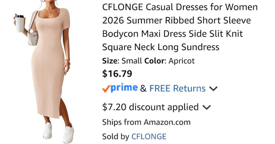woman wearing beige dress next to Amazon pricing information