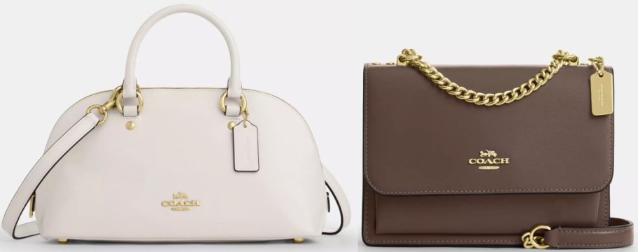 A pair of Coach handbags, including a cream dome satchel with gold hardware and a brown structured shoulder bag with a gold chain strap.