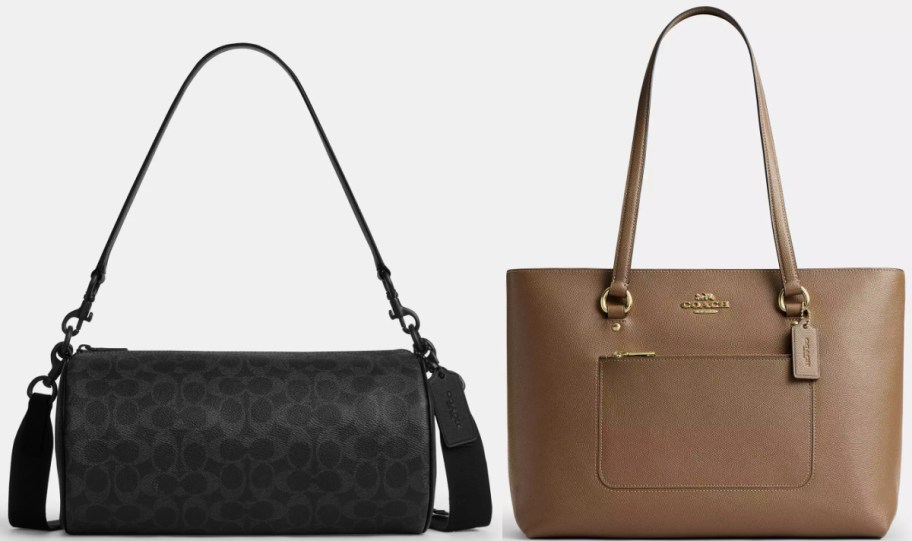 A pair of Coach bags, including a black monogram barrel bag and a brown leather tote bag with an exterior pocket.