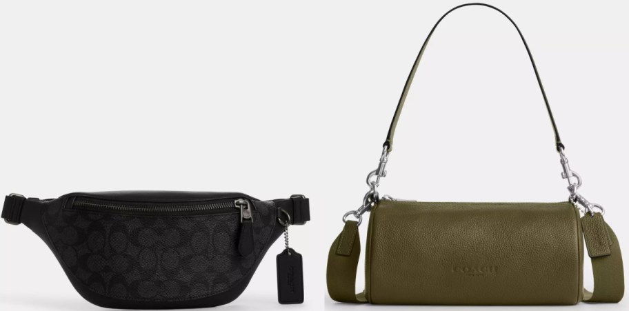 A pair of Coach bags, including a black monogram print belt bag and an olive green leather barrel shoulder bag.