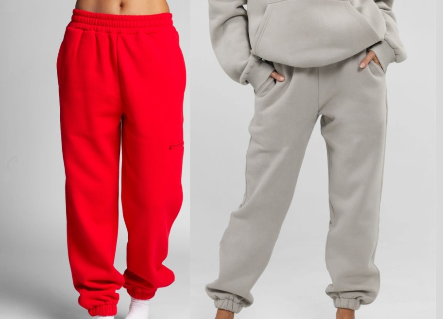 Two models showcase cozy joggers: one in vibrant red with an elastic waist, the other in muted gray paired with a sweatshirt.
