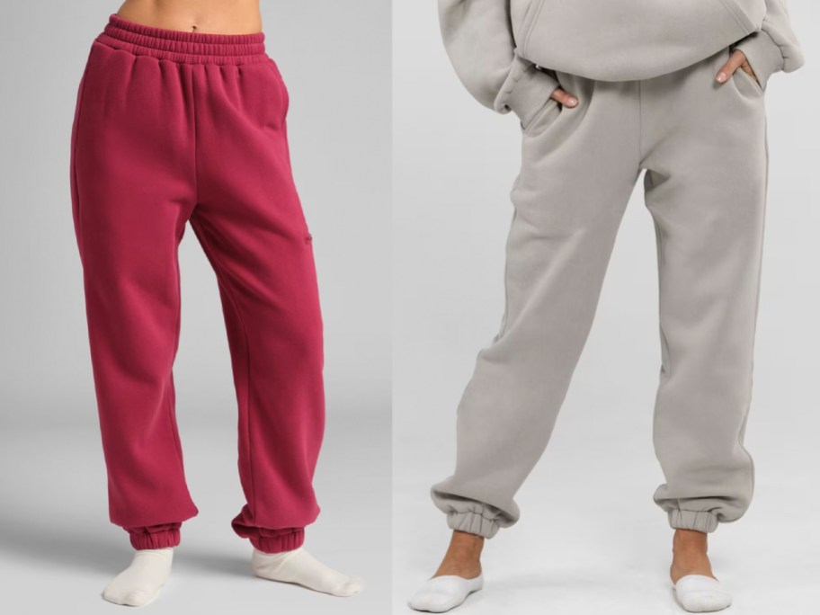 women wearing red and gray sweatpants
