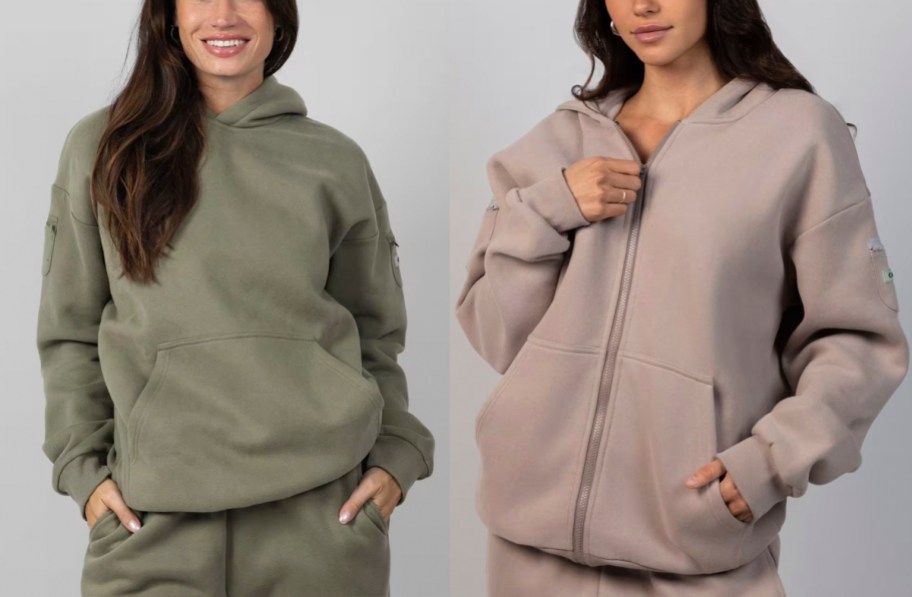 women wearing green and gray hoodies