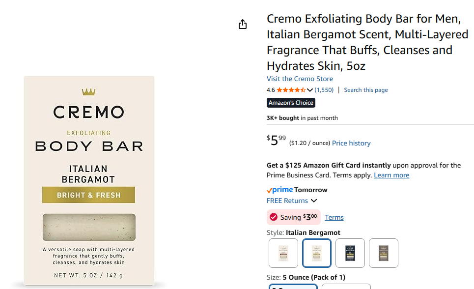 Cremo bar screenshot of coupon
