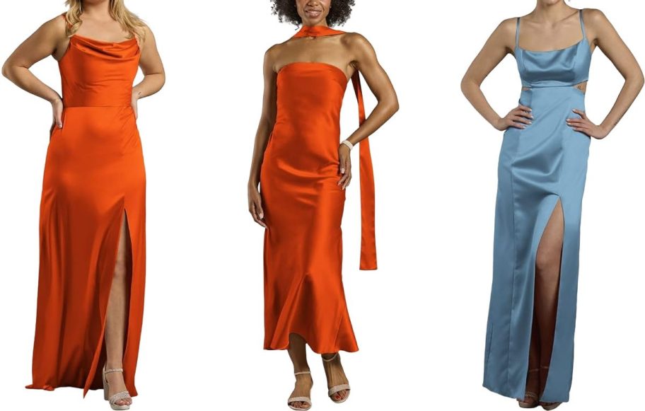 3 women in fancy dresses in orange and blue