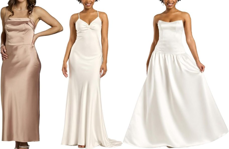 3 women in fancy dresses and wedding dresses