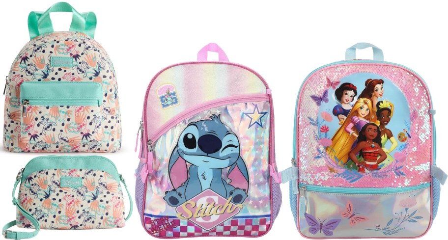 Four colorful children's backpacks. Left: floral with mint green accents. Center: features a winking blue animated character on pastel. Right: pink with princesses and butterflies.