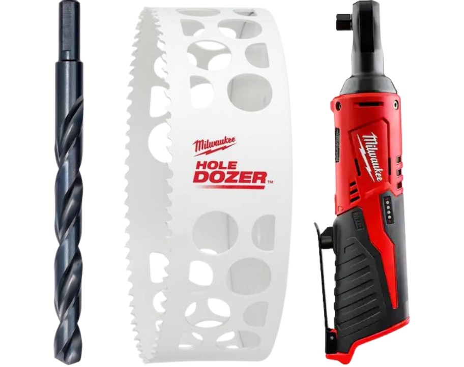 a hole saw blade, and a cordless rachet