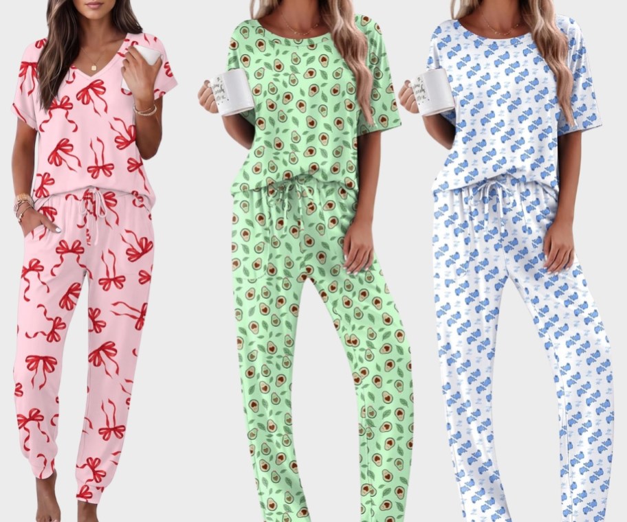 3 women lin long summer pajama sets in different prints