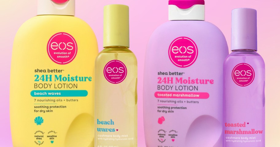 Four bottles of eos body lotion in different scents: yellow "beach waves," a clear oil, and purple "toasted marshmallow."