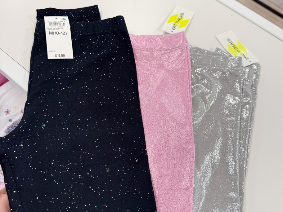 black, pink, and silver glitter leggings 