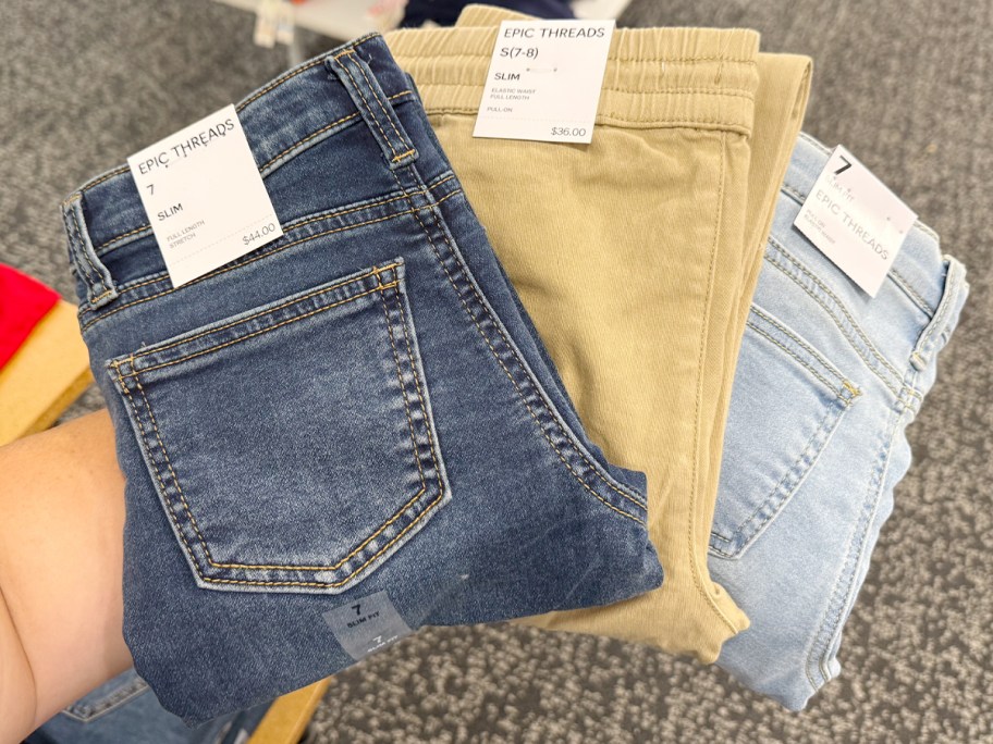 jeans and tan joggers 
