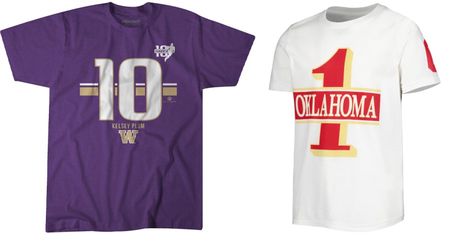 purple and white college tees 