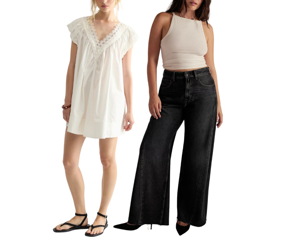 a woman in a mini dress and a woman in wide leg jeans