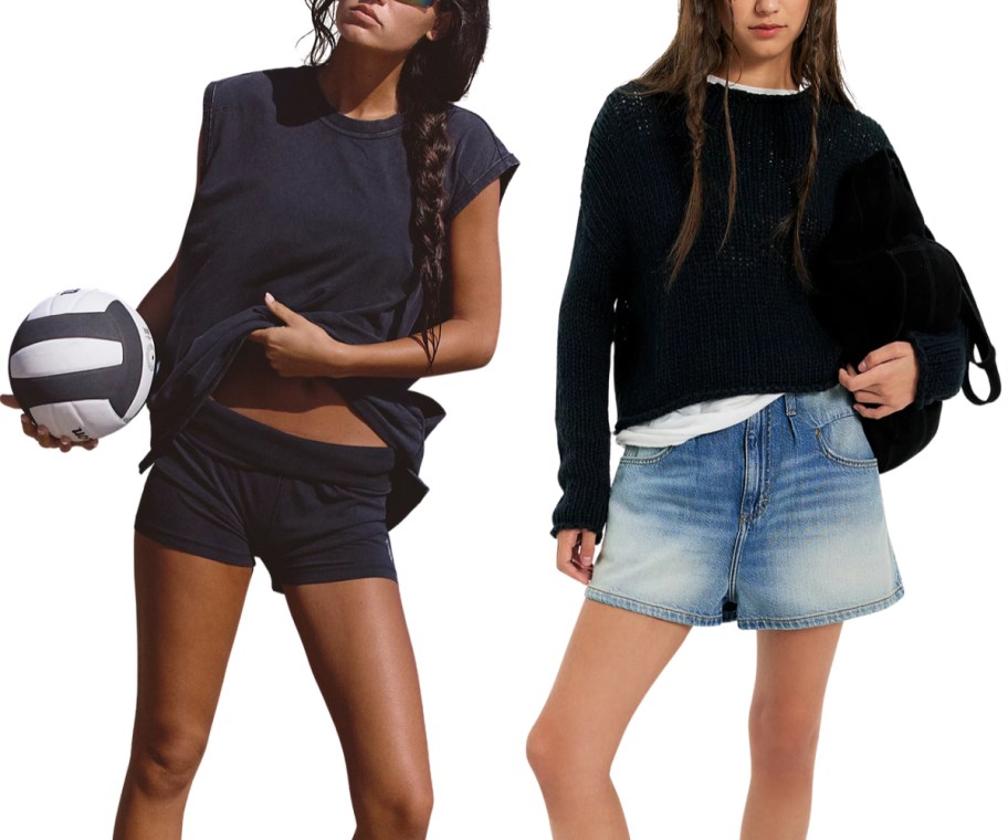 a woman in a navy short set and a woman in a pair of denim shorts