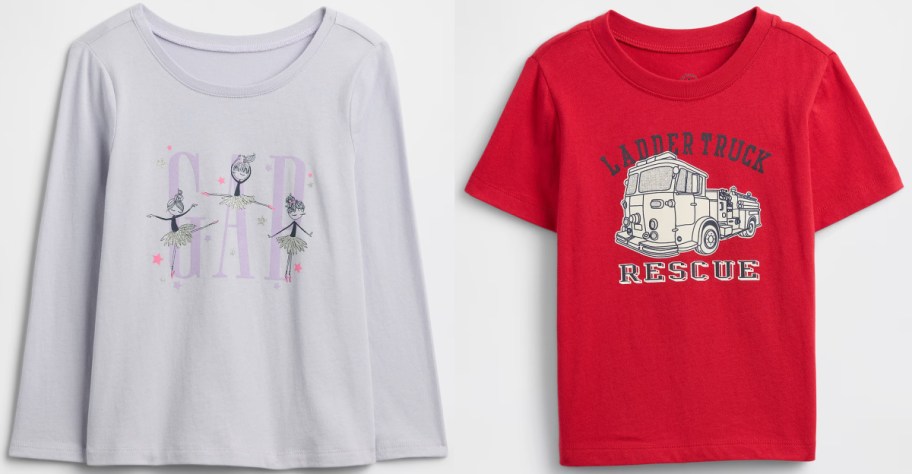 Two t-shirts side by side: on the left, a light gray long-sleeve shirt, on the right, a red short-sleeve shirt featuring a graphic of a fire truck.