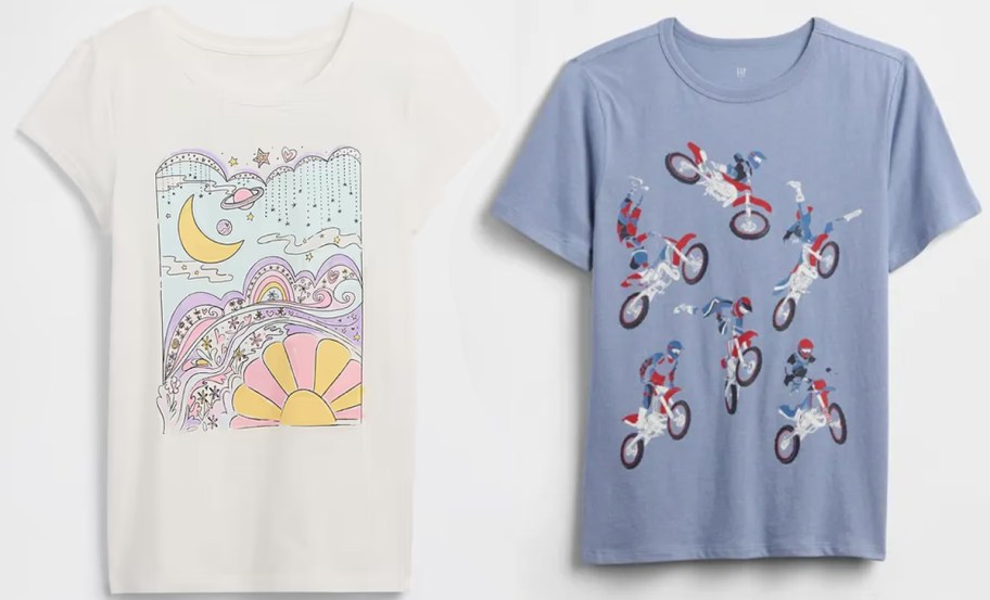 white floral and blue bike tees 