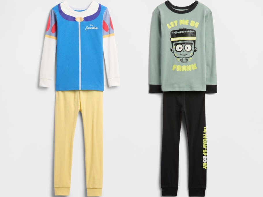 Two children's pajama sets are displayed. The left set is Snow White-themed with a blue and yellow color scheme. The right features a cartoon Frankenstein design with text "Let me be Frank."