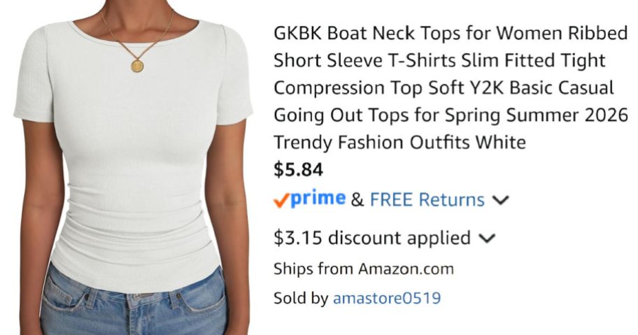 woman wearing white shirt next to Amazon pricing information