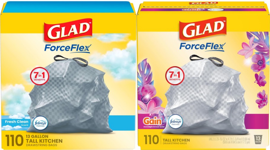 Two 110-count boxes of Glad ForceFlex 13-gallon tall kitchen trash bags side-by-side: one in Fresh Clean scent and one in Gain Moonlight Breeze scent.