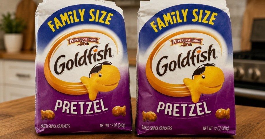 two family size bags of Goldfish Crackers on a table
