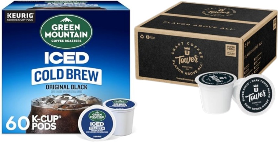 green mountain 60 count k-cups and 96 count tower coffee k cups