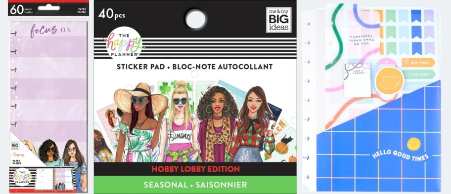happy planner filler paper, sticker pad, and accessory pack