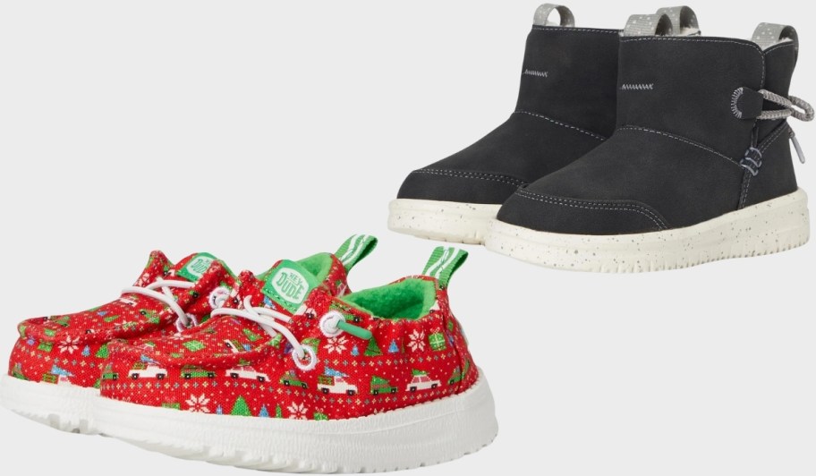 two pair of hey dude kids shoes in 2 different styles