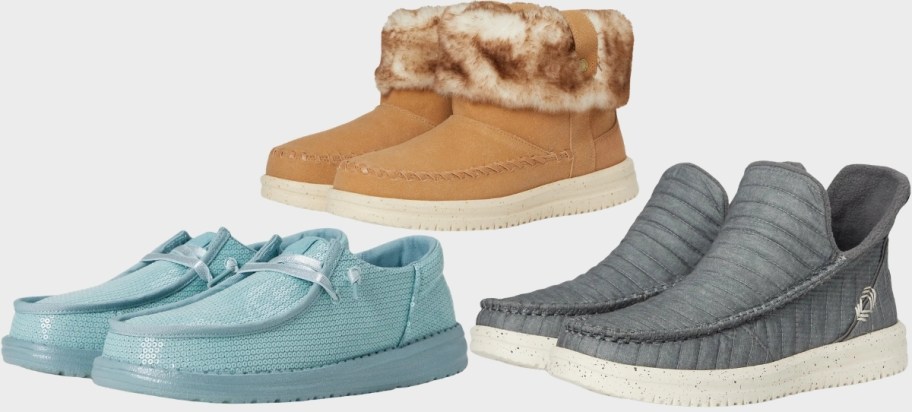 three pair of hey dude womens shoes in 3 different styles