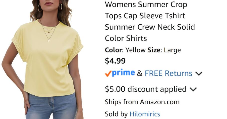 woman wearing yellow shirt next to Amazon pricing information