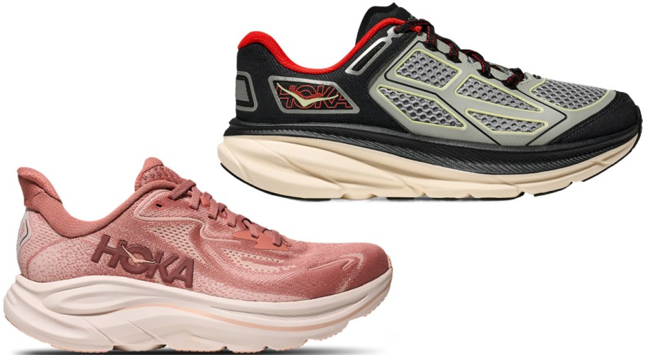 Two Hoka running shoes displayed together, featuring a dusty rose pink shoe on the bottom left and a black, grey, and cream shoe with red accents on the top right.