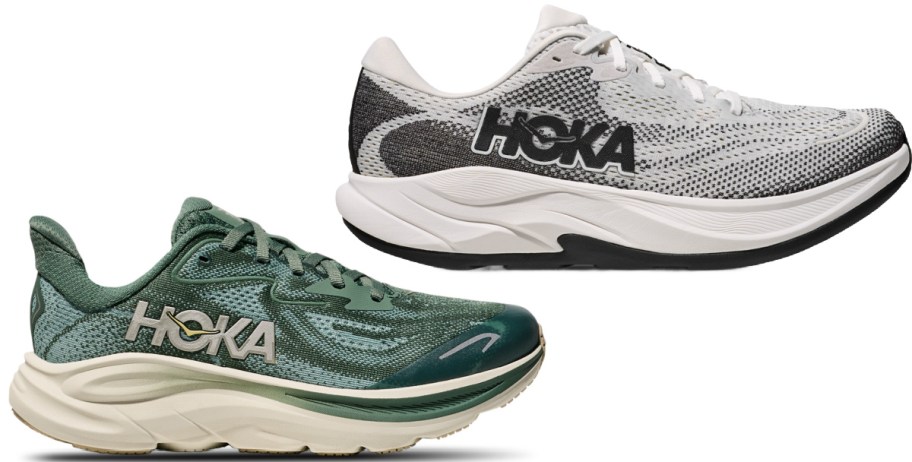 Two Hoka running shoes displayed together, featuring a green and cream shoe on the bottom left and a white and black shoe on the top right.