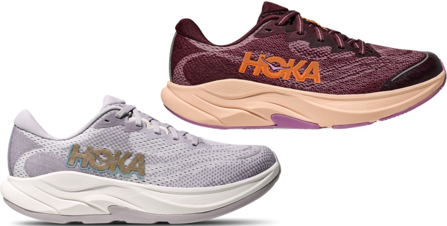 Two Hoka running shoes displayed together, featuring a light grey shoe with a white sole and gold logo on the bottom left, and a dark berry-red shoe with an orange logo and beige sole on the top right.